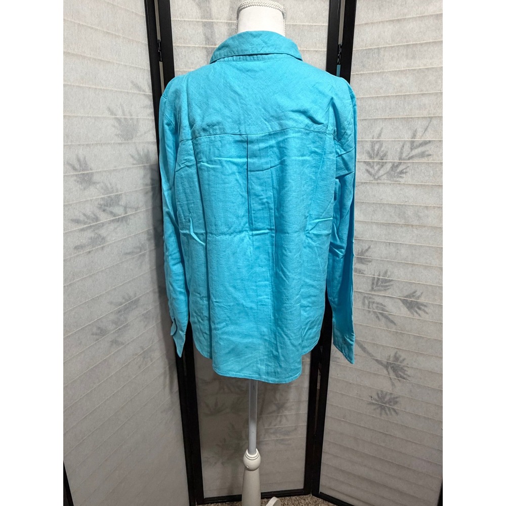 Candace Cameron Bure Linen Shirt Medium Blue Button Down Petite Coastal Boho - Picture 9 of 9